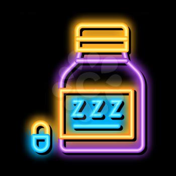 Bottle Insomnia Pills neon light sign vector. Glowing bright icon Bottle Insomnia Pills sign. transparent symbol illustration