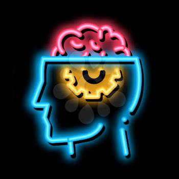 Human Brain Gear neon light sign vector. Glowing bright icon Human Brain Gear sign. transparent symbol illustration