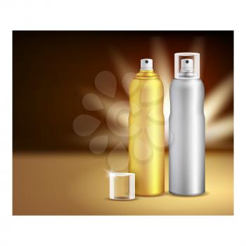 Hairspray Sprayer Creative Promotion Poster Vector. Hairspray Blank Bottles And Cap On Advertising Banner. Protection, Fixation And Shine Haircare Liquid Style Concept Template Illustration