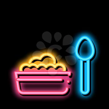 Food Plate Spoon neon light sign vector. Glowing bright icon Food Plate Spoon sign. transparent symbol illustration