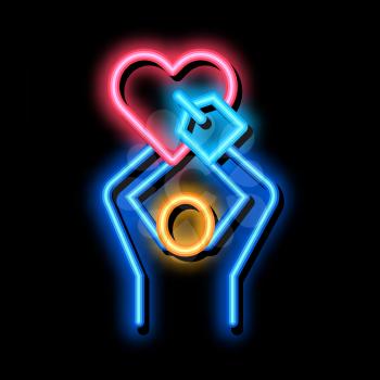 Human Hold Heart neon light sign vector. Glowing bright icon Human Hold Heart sign. transparent symbol illustration