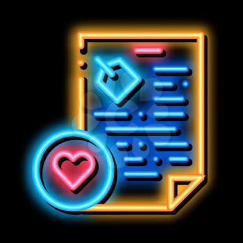 Document Heart neon light sign vector. Glowing bright icon Document Heart sign. transparent symbol illustration