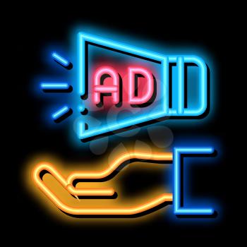 Loudspeaker Hand neon light sign vector. Glowing bright icon Loudspeaker Hand sign. transparent symbol illustration