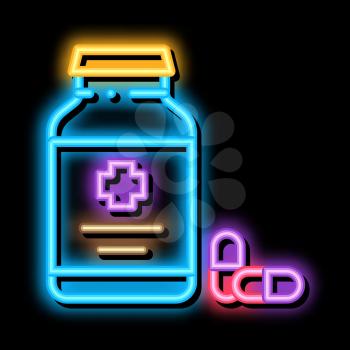 Pills Bottle neon light sign vector. Glowing bright icon Pills Bottle sign. transparent symbol illustration