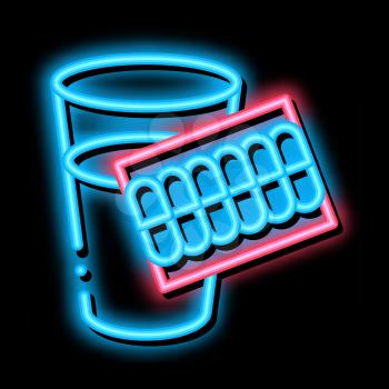 Teeth Water Glass neon light sign vector. Glowing bright icon Pills Water Glass sign. transparent symbol illustration