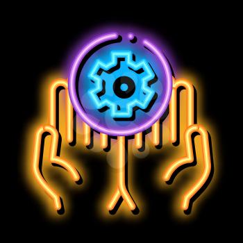 Hands Hold Gear neon light sign vector. Glowing bright icon Hands Hold Gear sign. transparent symbol illustration