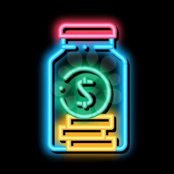 Coins In Jar neon light sign vector. Glowing bright icon Coins In Jar Sign. Isolated Contour Symbol Illustration