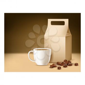 Coffee Caffeine-free Promotional Poster Vector. Coffee Drink Cup, Beans And Blank Paper Package On Creative Advertising Banner. Energy Morning Beverage Style Concept Template Illustration