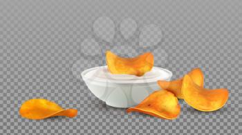 Potato Chips Snack With Mayonnaise Sauce Vector. Tasty Crunchy Chips Slices Dipping In Delicacy Creamy Liquid, Unhealthy High-calorie Meal. Fried Fat Fast Food Template Realistic 3d Illustration