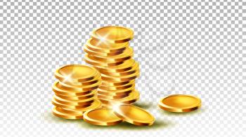Coins Pile Stack Gambling Game Jackpot Vector. Stacked Metallic Coins Treasure Money For Payment And Buying Goods. Financial Wealth Fortune, Banking Pounds Template Realistic 3d Illustration