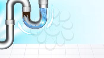 Pipeline Siphon Clogged Trouble Copy Space Vector. Clean Clogged Piping Waterway, Clog Waste Blocked In Drainage System In Bathroom And Ceramic Tile. Maintenance Template Realistic 3d Illustration
