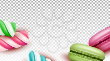 Macaroons Cakes And Lollipop Sweet Candies Vector. Baked Macaroons Cookies And Delicious Sugary Striped Lollypop Dessert, Sweetness Nourishment. Food Template Realistic 3d Illustration