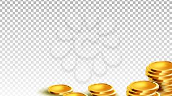 Coins Money Financial Wealth And Budget Vector. Golden Coins Treasure Earning And Invest. Finance Income And Waste Of Salary, Economy Banking Pounds Template Realistic 3d Illustration
