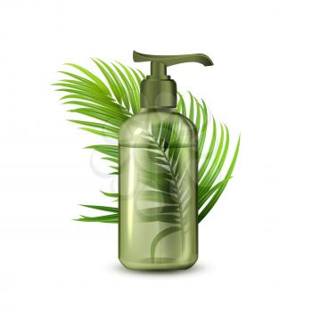 Liquid Soap Bottle With Pump And Branch Vector. Natural Organic Lotion Blank Dispenser Bottle And Tropical Tree Green Leaves. Conditioner Or Gel Container Template Realistic 3d Illustration