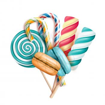 Macaroons Cakes And Lollipop Candies Set Vector. Baked Delicacy Macaroons Cookies And Striped Lollypop Dessert On Stick. Lolly And Pastry French Biscuit Food Template Realistic 3d Illustration