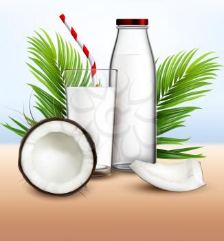 Coconut Milk Organic Drink And Palm Branch Vector. Bio Coconut Milky Beverage Glass With Straw, Cracked Nut, Green Leaves And Bottle Package. Coco Drinking Product Template Realistic 3d Illustration