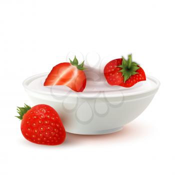 Yogurt Dairy Dessert Bowl With Strawberry Vector. Milky Yogurt Food With Natural Vitamin Bio Berry In Plate. Home Made Bacterial Milk Creamy Product Template Realistic 3d Illustration