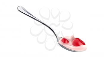 Yogurt Dairy Dessert Spoon With Cherry Vector. Organic Yogurt Nutrition With Natural Vitamin Berry On Kitchenware Utensil. Bacterial Fermentation Of Milk Product Template Realistic 3d Illustration
