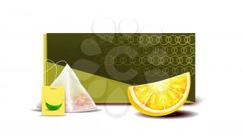 Tea Bag Blank Packaging And Lemon Piece Vector. Delicious Beverage Blank Package Box, Sachet With Tea Dry Leaves And Citrus Piece. Classical Natural Herbal Liquid Template Realistic 3d Illustration