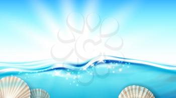 Scallop Mollusk In Ocean Water Copy Space Vector. Scallop Cockleshell Shell In Sea, Marine Seashore Decorative Souvenir. Restaurant Culinary Delicacy Seafood Template Realistic 3d Illustration