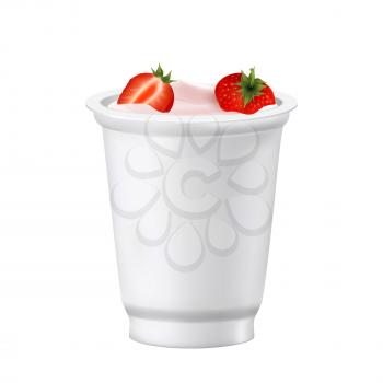Yoghurt Dessert Blank Cup With Strawberry Vector. Bio Natural Greek Yoghurt Nutrition In Package With Berry. Health Diet Breakfast, Grocery Market Product Template Realistic 3d Illustration