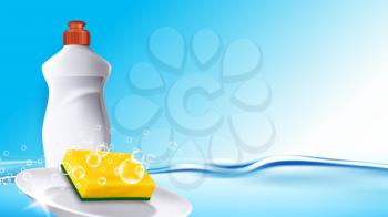 Washing Detergest For Wash Plates Copyspace Vector. Dishwashing Blank Bottle With Chemical Liquid And Sponge Accessory For Clean Plates In Bubble Water. Template Realistic 3d Illustration