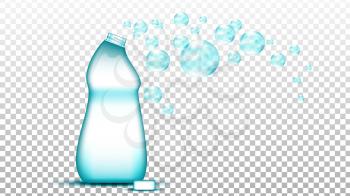 Universal Cleaner Blank Bottle And Bubbles Vector. Detergent Cleaning Substance For Washing Clothes In Laundry Machine. Liquid Soap Plastic Container Template Realistic 3d Illustration
