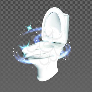 Toilet Restroom Sanitary Hygienic Equipment Vector. Lavatory Clean Ceramic Toilet With Magic Sparkles. Wc Bathroom Interior Porcelain Tool With Water Tank Template Realistic 3d Illustration