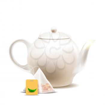 Teapot And Tea Bag For Prepare Hot Drink Vector. Brewing Delicious Beverage Blank Pot And Sachet With Tea Dried Leaves. Traditional Natural Herbal Plant Liquid Template Realistic 3d Illustration