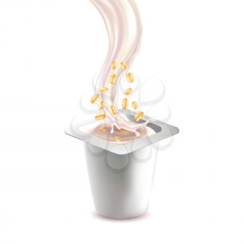 Yoghurt Dessert Blank Cup With Oatmeal Vector. Falling Yogurt Diet Milk Dish Splash With Natural Oatmeal Porridge. Eat Bio Dairy Greek Snack With Cereal Muesli Template Realistic 3d Illustration