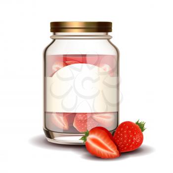 Glass Bottle With Strawberry Berries Jam Vector. Blank Jar With Vitamin Organic Canned Strawberry Fruit. Glassware With Homemade Delicious Dessert Template Realistic 3d Illustration