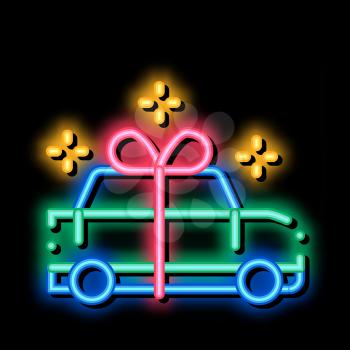 Car Present Gift neon light sign vector. Glowing bright icon Car Present Gift isometric sign. transparent symbol illustration