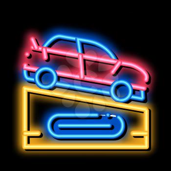 Car On Pedestal neon light sign vector. Glowing bright icon Car On Pedestal isometric sign. transparent symbol illustration