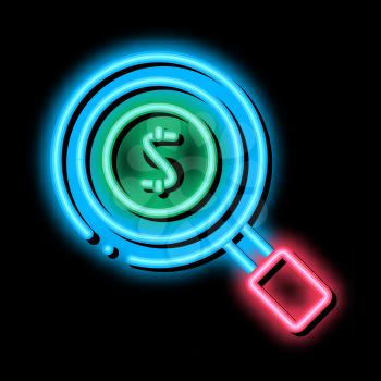 Magnifier Money neon light sign vector. Glowing bright icon Magnifier Money isometric sign. transparent symbol illustration
