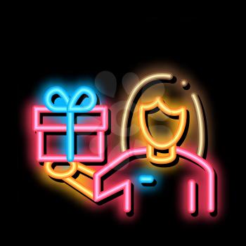 Woman with Gift neon light sign vector. Glowing bright icon Woman with Gift sign. transparent symbol illustration