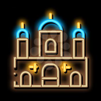 Islamic Building neon light sign vector. Glowing bright icon Islamic Building sign. transparent symbol illustration