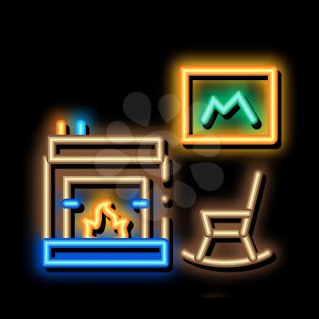 Rocking Chair near Fireplace neon light sign vector. Glowing bright icon Rocking Chair near Fireplace sign. transparent symbol illustration