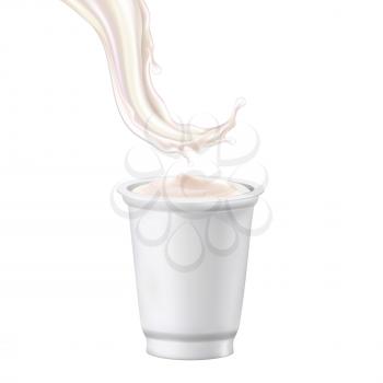 Yoghurt Dessert Blank Cup And Milk Splash Vector. Bio Natural Greek Yoghurt Food In Package, Classic Delicious Diet Sour Breakfast Snack. Handmade Healthy Dairy Meal Template Realistic 3d Illustration