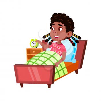 Girl Child Wake Up In Bed Daily Activity Vector. Little African Lady Kid Waking Up And Turn Off Alarm Clock In Morning. Cute Character Resting In Bedroom Furniture Flat Cartoon Illustration