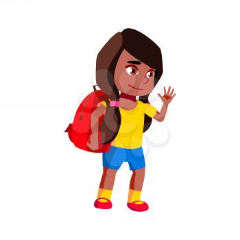 Girl Kid Going To School With Schoolbag Vector. Little African Schoolgirl Waving Hand And Go To School Lesson With Backpack. Character Cute Lady Pupil Daily Routine Flat Cartoon Illustration