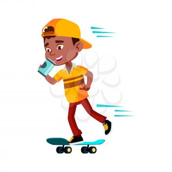 Boy Riding Skateboard And Drinking Drink Vector. African Preteen Child Skateboarding And Drinking Soda Water From Metallic Bottle. Character Kid Refreshment Flat Cartoon Illustration
