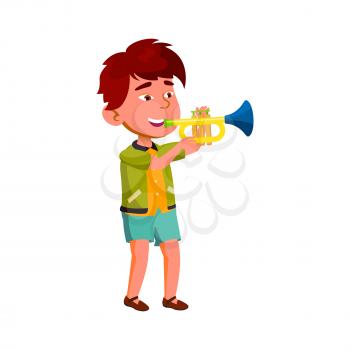 Boy Artist Playing On Trumpet In Orchestra Vector. Asian Child Play On Trumpet Musician Instrument In Musical Classroom. Character Preteen Performing Music Flat Cartoon Illustration