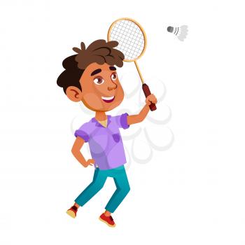 Boy Latin Infant Playing Badminton Game Vector. Hispanic Child Play Badminton Game With Racket And Shuttlecock Sportive Equipment. Character Sportsman Lifestyle Flat Cartoon Illustration