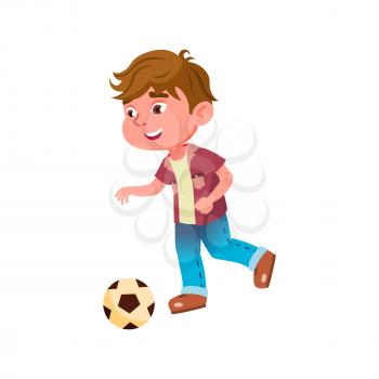 Boy Kid Playing Football Game On Stadium Vector. Caucasian Preteen Player Play Football Sport With Ball On Field. Character Child Funny Playful Recreation Time Flat Cartoon Illustration
