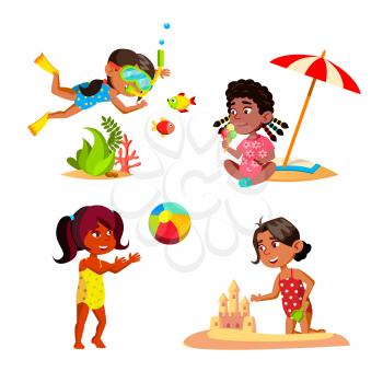 Kids Girl Relaxing On Seashore Beach Set Vector. Children Swimming Underwater And Playing With Ball On Beach, Building Sandy Castle And Eating Ice Cream. Characters Flat Cartoon Illustrations