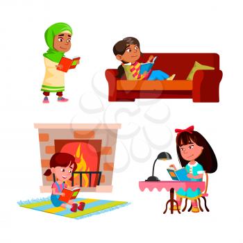 Girls Kids Reading Educational Books Set Vector. Children Ladies Read Interesting Books On Couch And At Table, Near Fireplace And Walking. Characters Enjoying Literature Flat Cartoon Illustrations