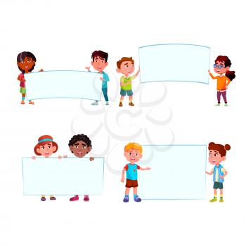 Kids Boys And Girls With Blank Banners Set Vector. Preteen Children Holding Banners. Smiling Happy Characters Schoolboys And Schoolgirls Hold Empty Posters Flat Cartoon Illustrations