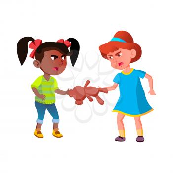 Girls Children Quarreling Over Teddy Bear Vector. Caucasian And African Preteen Schoolgirls Quarrel Over Bear Toy, Conflict Between Friends. Aggressive Characters Flat Cartoon Illustration