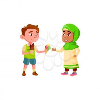 Boy Sharing Ice Cream With Friend Girl Vector. Caucasian Preteen Kid Giving Delicious Ice Cream Dessert To Islamic Lady. Characters Friendship And Good Manners Flat Cartoon Illustration