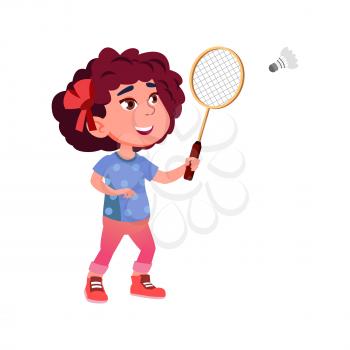 Girl Child Playing Badminton Sport Game Vector. Happiness Caucasian Lady Player Play Badminton With Shuttlecock And Racket In Nature. Character Sportive Active Time Flat Cartoon Illustration